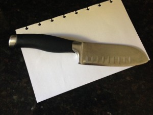 The knife I’m a fan of looks like a hybrid of a squared butcher knife and a regular chef’s knife.