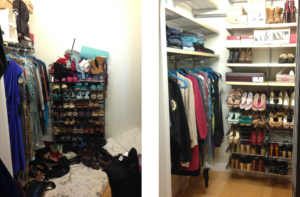 underutilized walk-in closet space on the left. The right photo is after Elfa installation and eveyrthing in place from hanging clothes to shoes on rack and shirts on top shelves