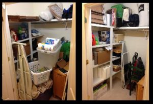 Left photo in a storage closet with stuff thrown in. One the right is aftermath with all items having a home and maximized the top shelf space to ceiling and still see everything
