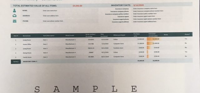 Spreadsheet of Home Inventory with info sample